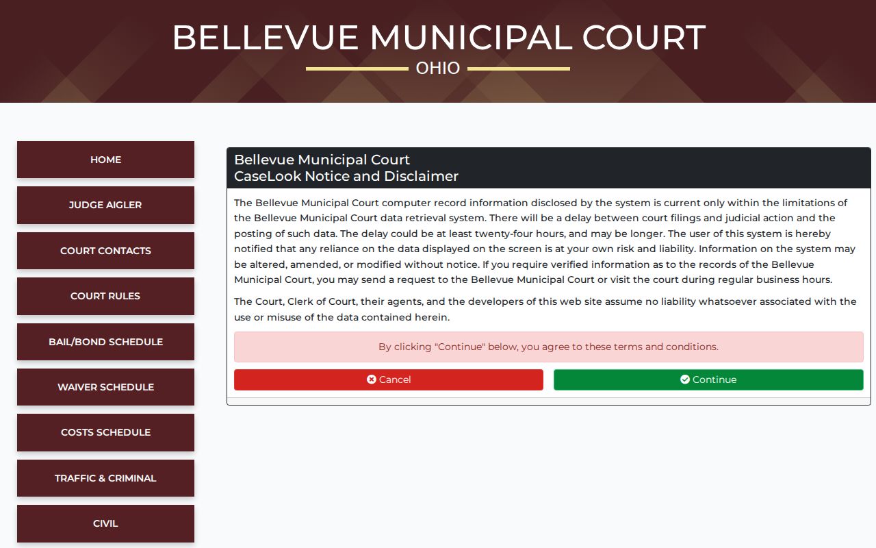 Bellevue court records CaseLook data-freshness notice for Municipal Court