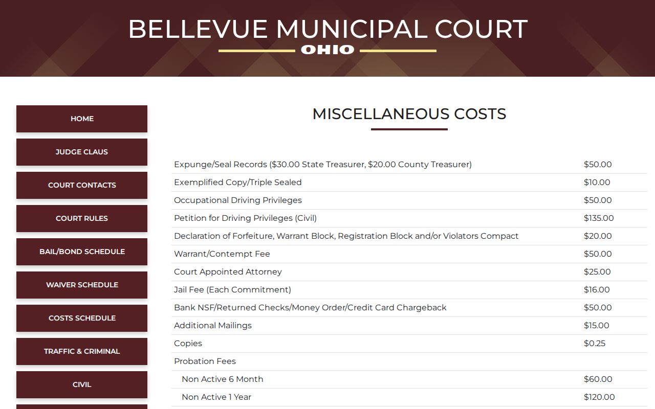 Bellevue court records costs and copy information at Municipal Court