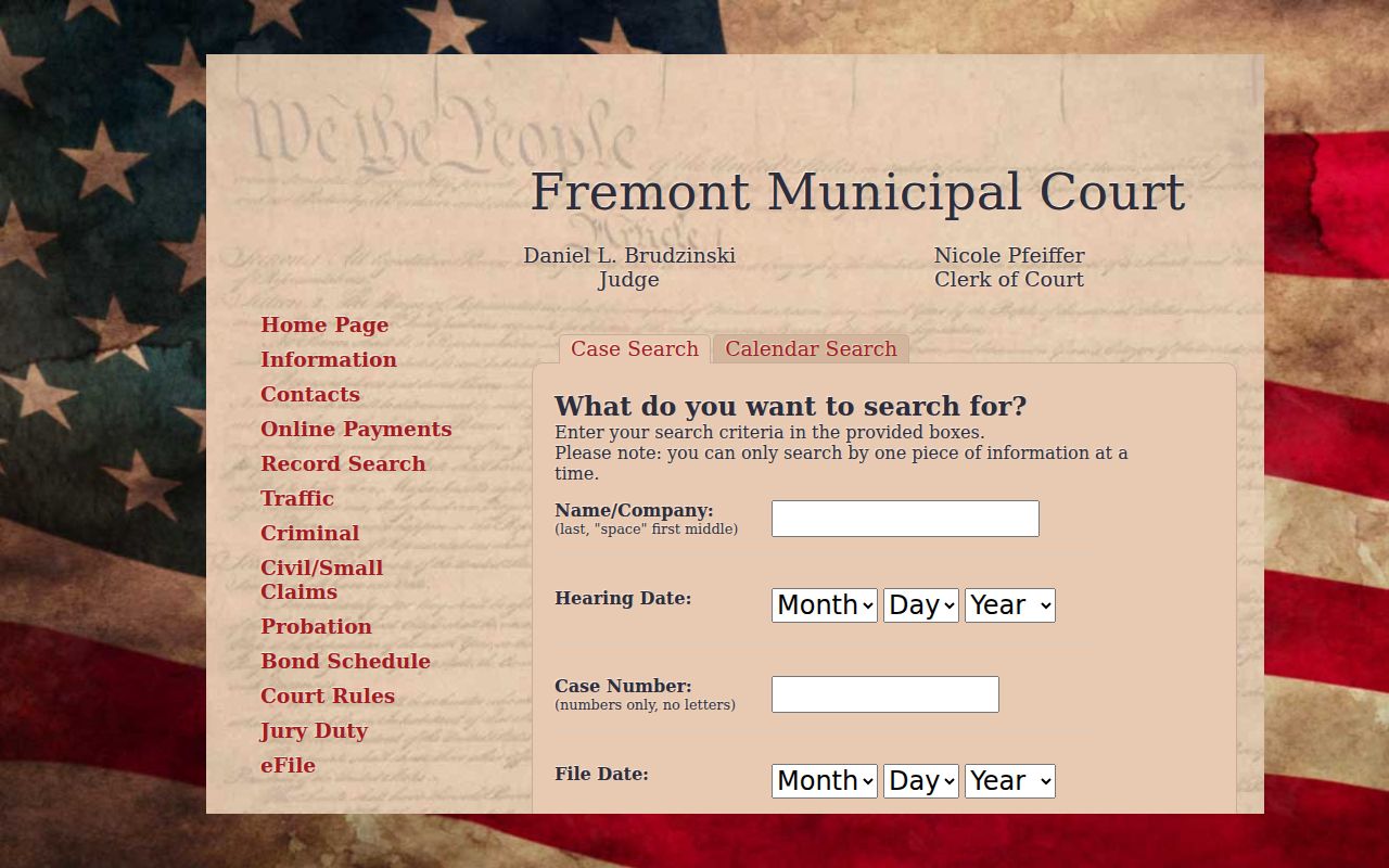 Sandusky County docket search fields in Fremont CaseLook